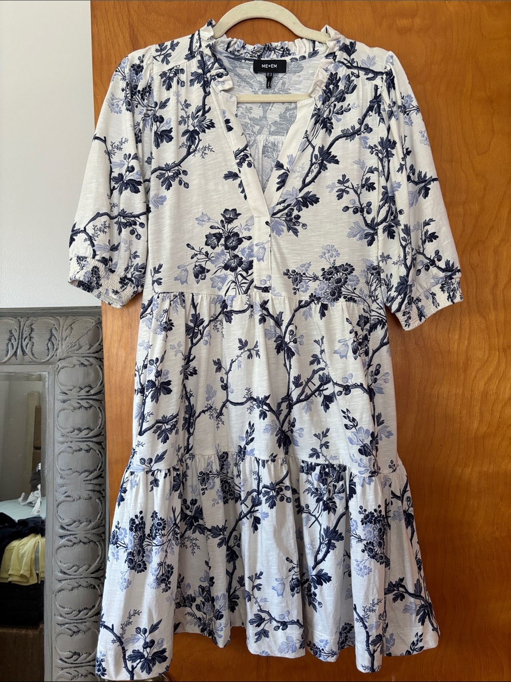 ME+EM White and Navy Floral Tiered V-Neck Midi Dress